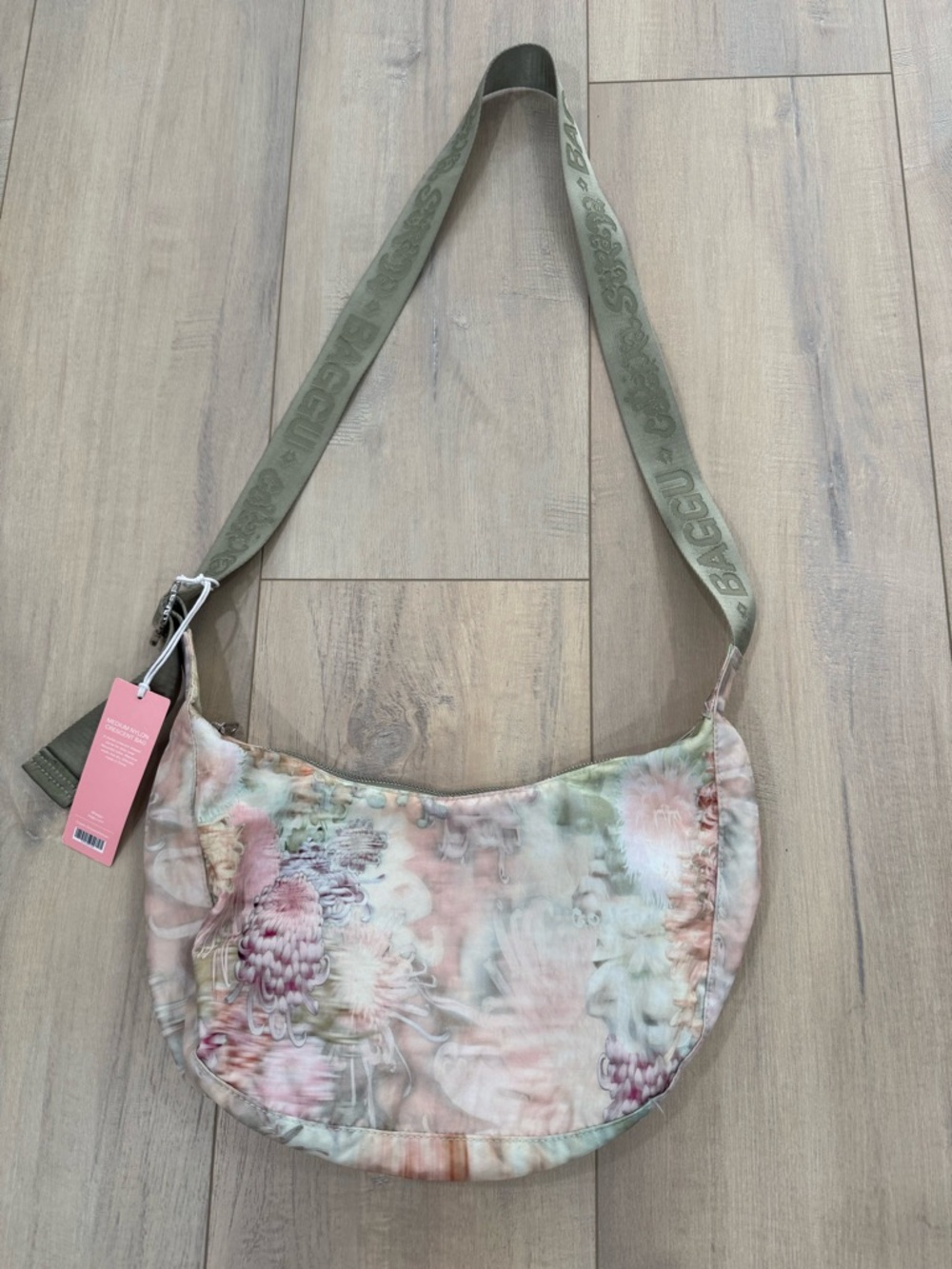 BAGGU Pastel Floral Medium Nylon Crescent Shoulder Bag with Branded Olive Strap